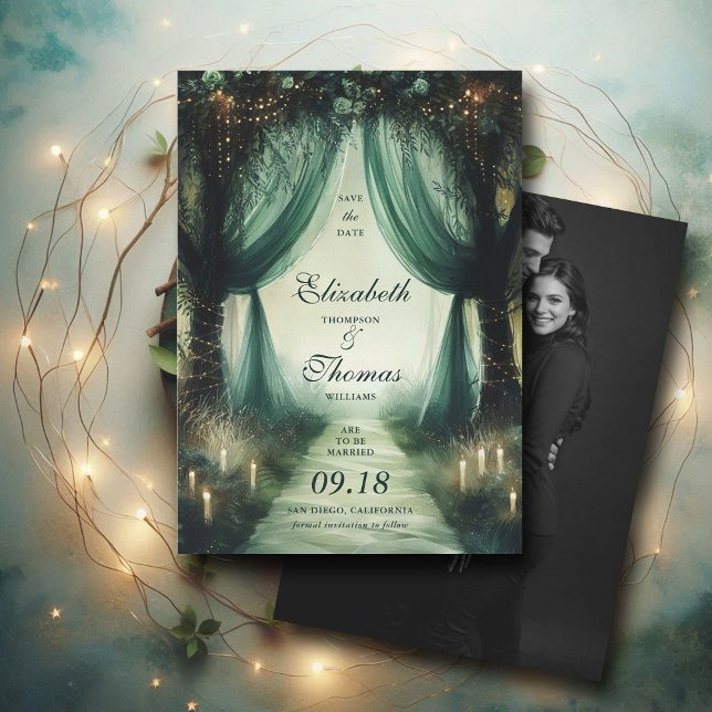 Enchanted Forest Elegant Moody Dark Photo Wedding Save The Date (enchanted forest woodland wedding save the date arch canopy calligraphy fairy tale elegant dark mood)