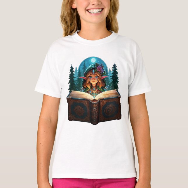 “Enchanted Forest Elf Reading Grimoire” T-Shirt (Front)