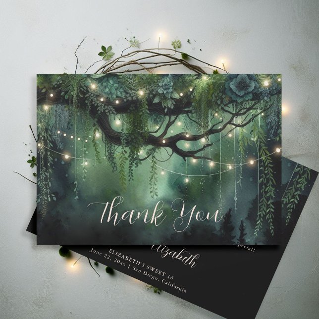 Enchanted Forest Emerald Floral Fairy Sweet 16 Thank You Card (enchanted forest sweet 16 thank you card roses foliage woodland magical fairy tale)