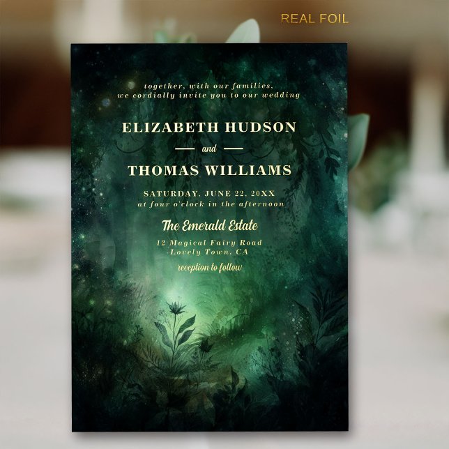 Enchanted Forest Emerald Gold Chic Elegant Wedding (enchanted forest wedding invitation elegant magical fairy garden foliage greenery emerald gold foil)