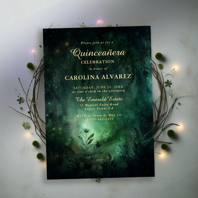 Enchanted Forest Emerald Gold Elegant Quinceanera (enchanted forest quinceanera invitation template card emerald green and gold elegant formal)