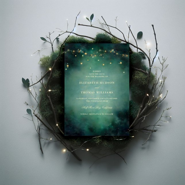 Enchanted Forest Emerald Gold Fairy Lights Wedding Save The Date (enchanted forest fairy lights emerald green gold wedding save the date elegant formal modern classic)