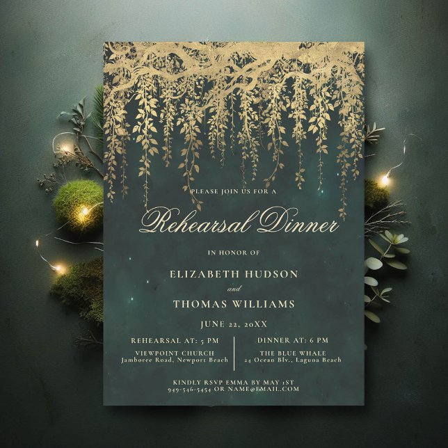 Enchanted Forest Emerald Gold Rehearsal Dinner Invitation (wedding rehearsal invitation elegant enchanted forest fairytale gold vines calligraphy)
