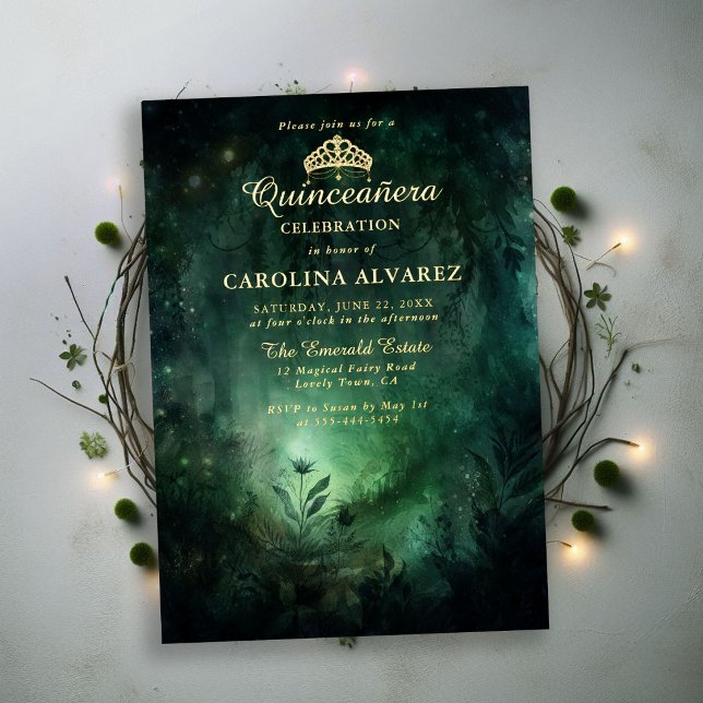 Enchanted Forest Emerald Gold Tiara Quinceanera (enchanted forest quinceanera invitation template card emerald green and gold tiara elegant formal)