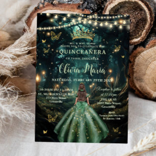 Enchanted Forest Emerald Green Dress Quinceañera Invitation