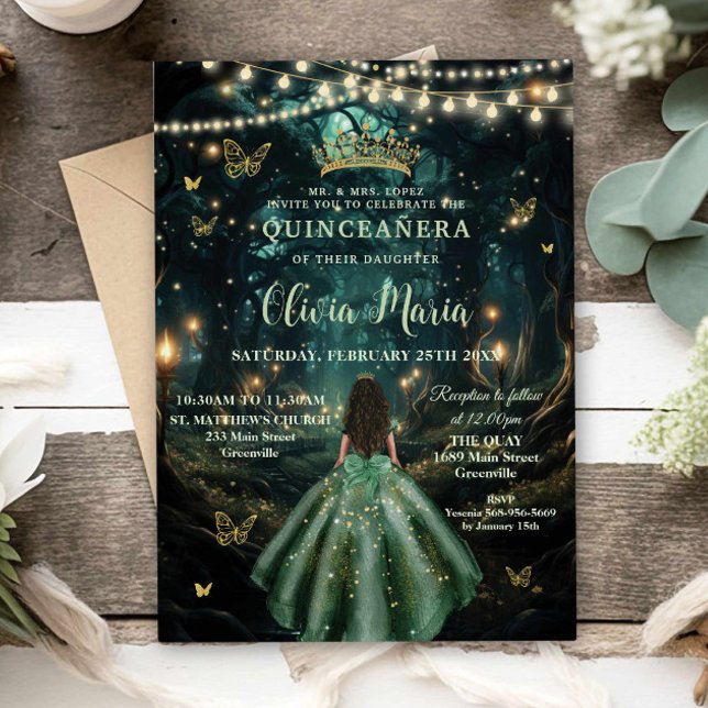 Enchanted Forest Emerald Green Dress Quinceañera Invitation (Creator Uploaded)