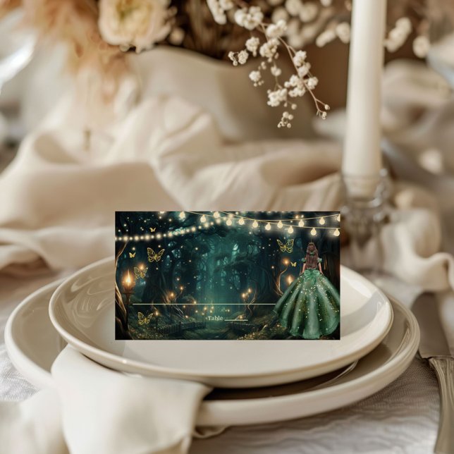 Enchanted Forest Emerald Green Dress Quinceañera  Place Card (enchanted forest emerald green dress starry night fireflies fairy lights Quinceañera place cards)