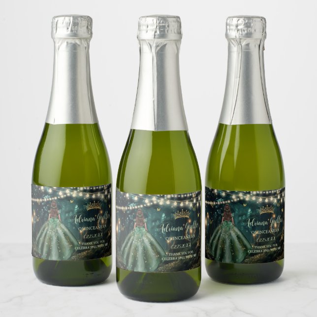 Enchanted Forest Emerald Green Dress Quinceañera Sparkling Wine Label (Bottles)