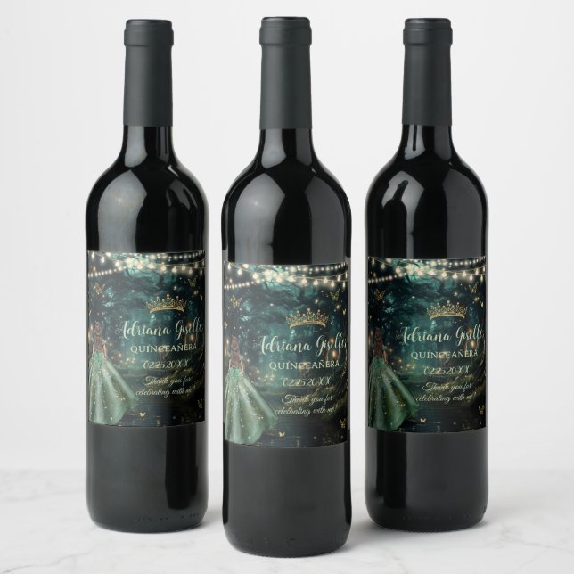 Enchanted Forest Emerald Green Dress Quinceañera Wine Label (Bottles)