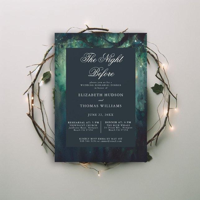 Enchanted Forest Emerald Night Rehearsal Dinner Invitation (wedding rehearsal dinner invitation enchanted forest secret garden magic theme emerald night before)