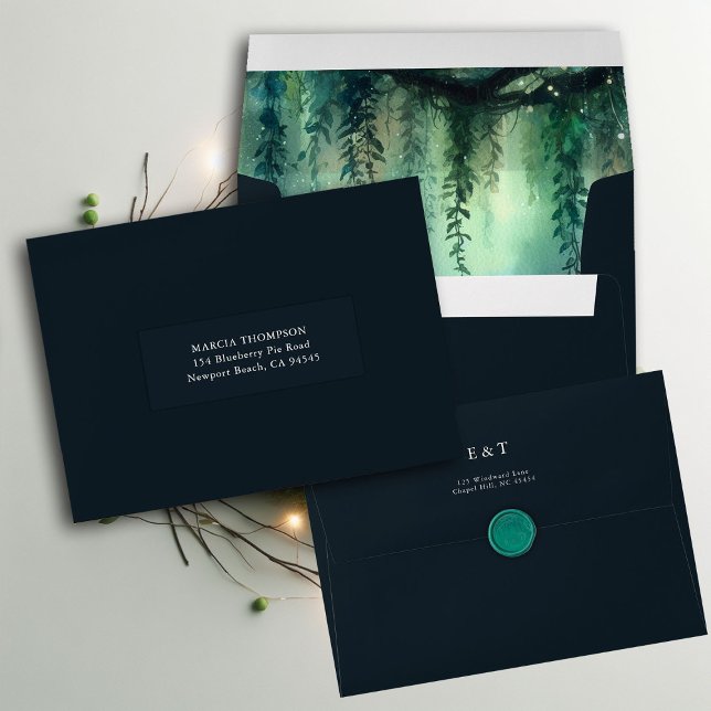 Enchanted Forest Fairies Garden Monograms Wedding Envelope (enchanted forest gold vines wedding envelope wax seal magical fairy garden gold emerald elegant chic)