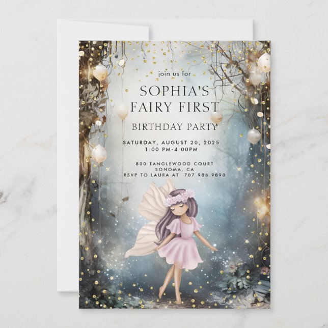 Enchanted Forest Fairy First Girl 1st Birthday Invitation (Front)