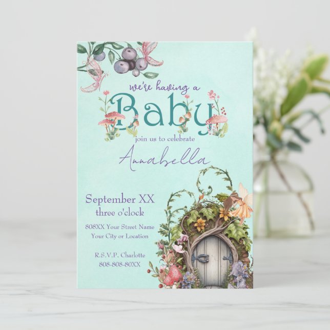 Enchanted Forest Fairy Garden Door Baby Shower Invitation (Standing Front)