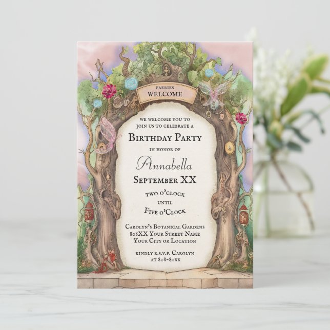 Enchanted Forest Fairy Garden on Pink Invitation (Standing Front)