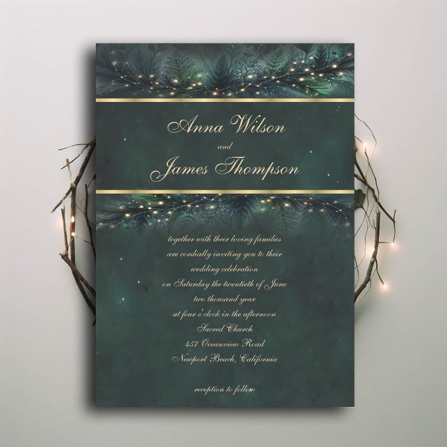 Enchanted Forest Fairy Gold Calligraphy Wedding Invitation (enchanted forest wedding invitation emerald gold frame garland calligraphy modern classic)