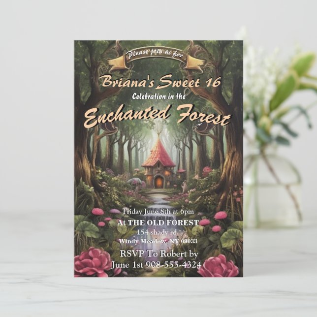 Enchanted Forest Fairy House Sweet 16 Invitations (Standing Front)
