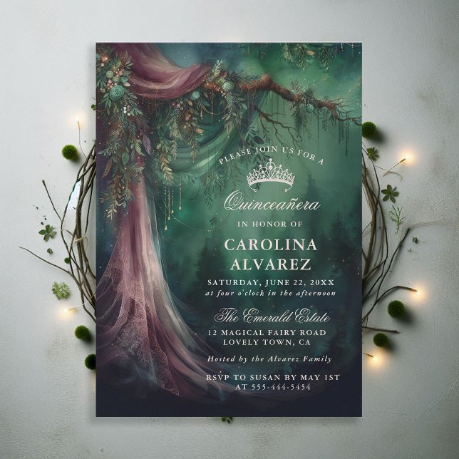 Enchanted Forest Fairytale Magical Quinceañera Invitation (enchanted forest quinceanera emerald green mauve purple veil woodland fairy tale faerie magic invite)