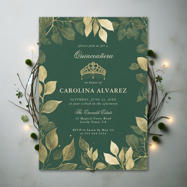 Enchanted Forest Faux Gold Foliage Quinceanera Invitation (enchanted forest quinceanera green invitation faux gold foliage elegant modern chic theme)