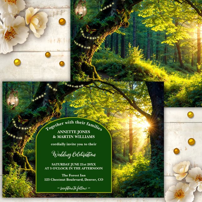 Enchanted Forest Festive Wedding Invitation (Elegant wedding invitation showing a path in an enchanted forest with festive lights and butterflies)