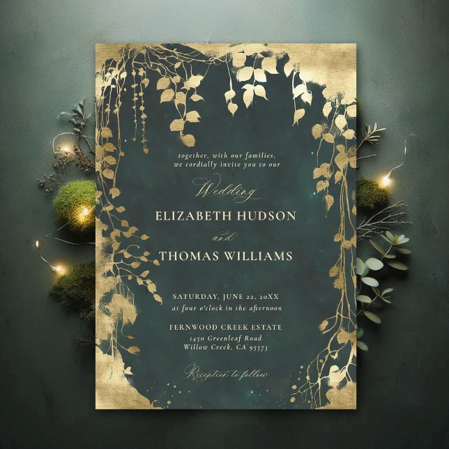 Enchanted Forest Foliage Frame Gold Green Wedding Invitation (Enchanted Forest Emerald Green Draped Greenery Frame Modern Calligraphy Wedding Invitation)