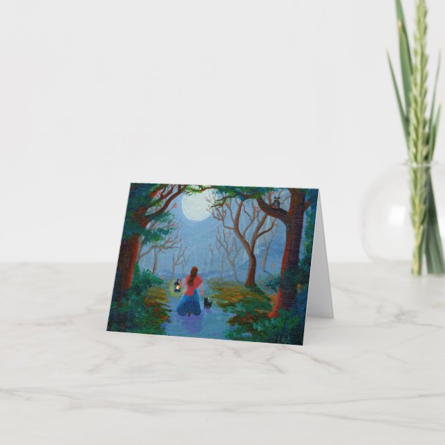 Enchanted Forest Girl Black Cat Creationarts Card (Front)