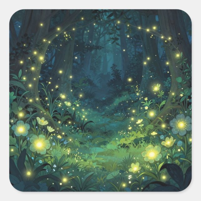 Enchanted Forest Glow Magical Night Square Sticker (Front)