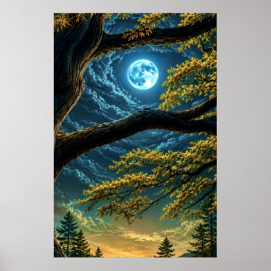 Enchanted Forest Glowing Blue Moon Night Art Print