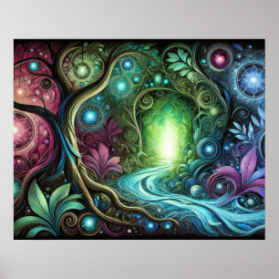 Enchanted Forest Glowing Portal Flowing River Poster