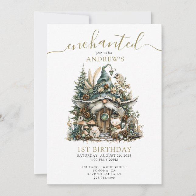 Enchanted Forest Gnome 1st Birthday Invitation (Front)