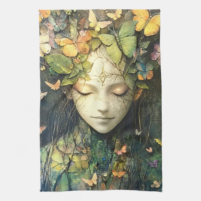 Enchanted Forest Goddess with Butterflies (2) Tea Towel (Vertical)