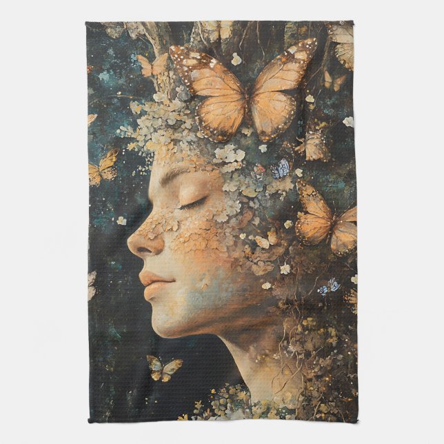 Enchanted Forest Goddess with Butterflies (4) Tea Towel (Vertical)