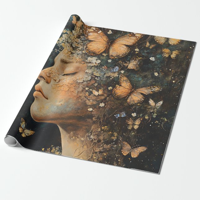 Enchanted Forest Goddess with Butterflies (4) Wrapping Paper (Unrolled)