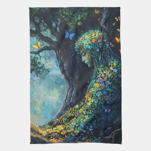 Enchanted Forest Goddess with Butterflies (6) Tea Towel (Vertical)
