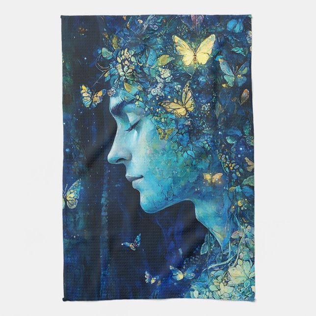 Enchanted Forest Goddess with Butterflies (7) Tea Towel (Vertical)