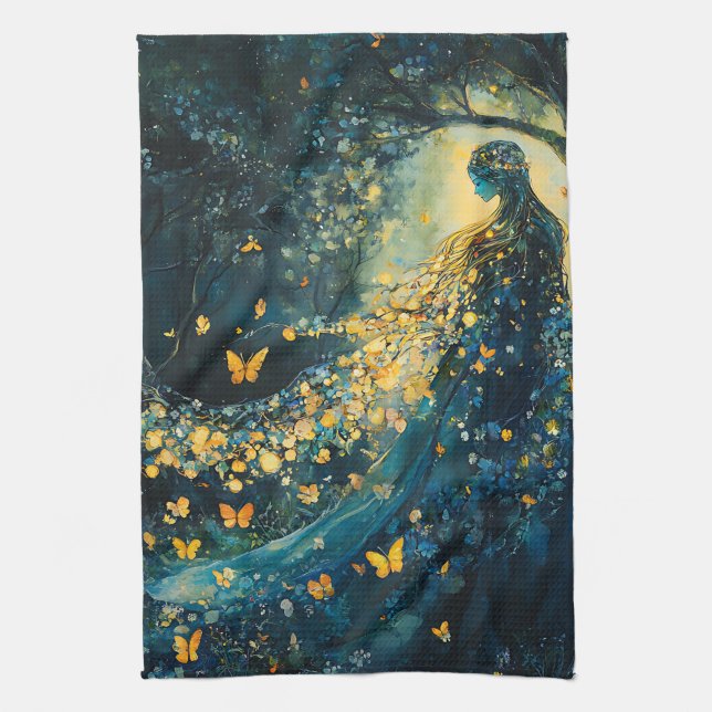Enchanted Forest Goddess with Butterflies (8) Tea Towel (Vertical)