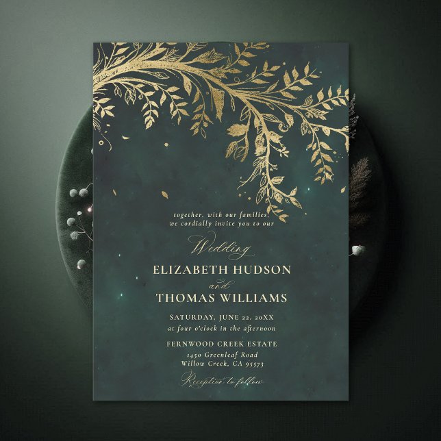 Enchanted Forest Gold Branch Emerald Green Wedding Invitation (Enchanted Forest Emerald Green Greenery Branch Gold Modern Calligraphy Wedding Invitation)