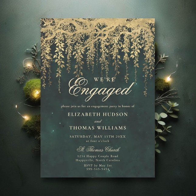 Enchanted Forest Gold Church Engagement Party Invitation (engagement party invitation elegant enchanted forest fairytale gold vines calligraphy)