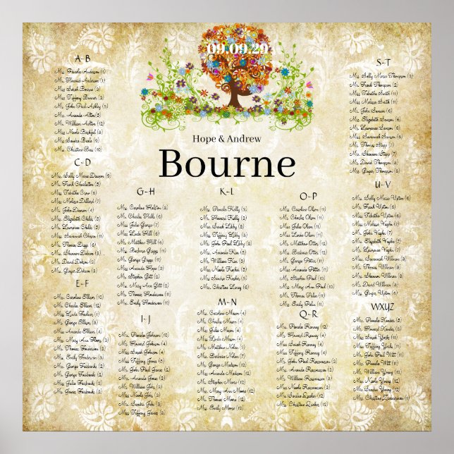 Enchanted Forest Gold Coral Wedding Seating Chart (Front)