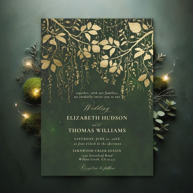 Enchanted Forest Gold Foliage Hunter Green Wedding Invitation (Enchanted Forest Hunter Green Draped Greenery Modern Calligraphy Elegant Formal Wedding Invitation)
