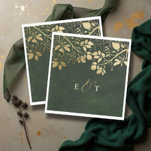 Enchanted Forest Gold Foliage Hunter Green Wedding Napkin