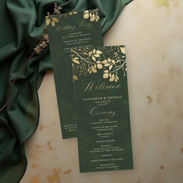 Enchanted Forest Gold Foliage Wedding Program (enchanted forest wedding theme program card gold foliage hunter green gold elegant)