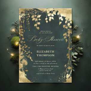 Enchanted Forest Gold Frame Greenery Baby Shower Invitation