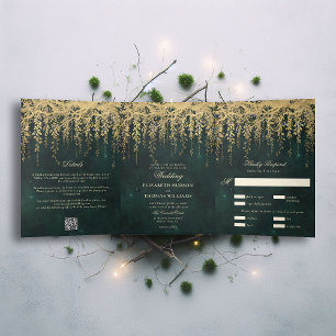 Enchanted Forest Gold Greenery All in One Wedding Tri-Fold Invitation