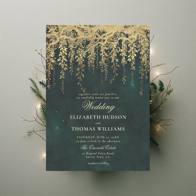 Enchanted Forest Gold Greenery Custom Wedding Invitation (enchanted forest wedding invitation gold hanging greenery dark romantic emerald green modern chic)