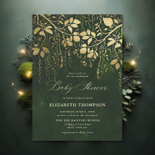Enchanted Forest Gold Hunter Green Baby Shower Invitation