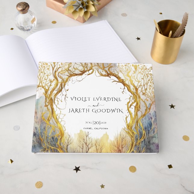 Enchanted Forest Gold Portal Wedding Guest Book (Front Open)