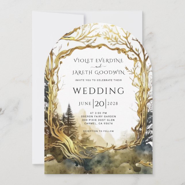 Enchanted Forest Gold Portal Wedding Invitation (Front)