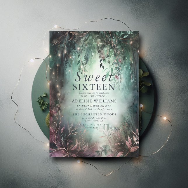 Enchanted Forest Gold Vines Mauve Magical Sweet 16 Invitation (enchanted forest sweet 16 birthday invitation moody emerald green dripping lights watercolor)