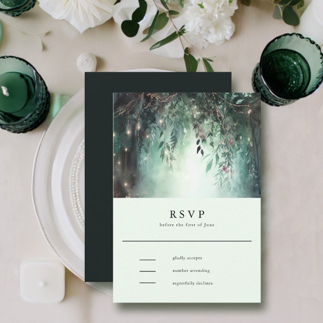 Enchanted Forest Gold Vines Mauve Wedding RSVP (enchanted forest rsvp card modern elegant romantic watercolor gold vines emerald mauve)