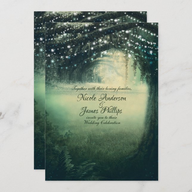 Enchanted Forest Green Blue Lights Rustic Wedding Invitation (Front/Back)